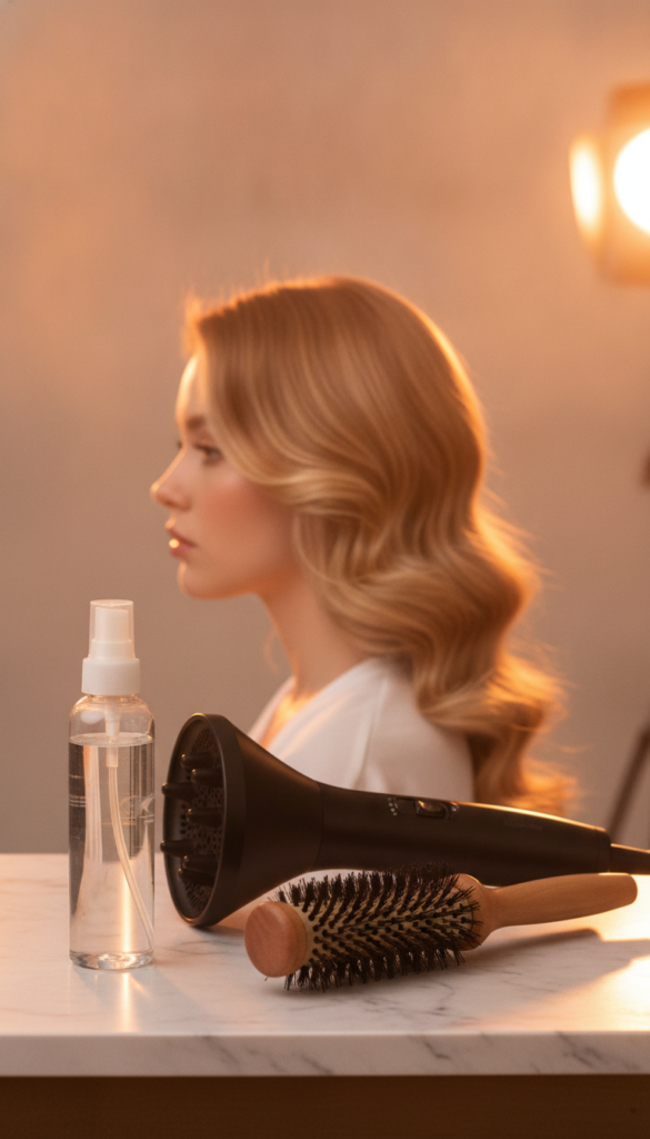 Heat protectant and styling products beside a hair dryer