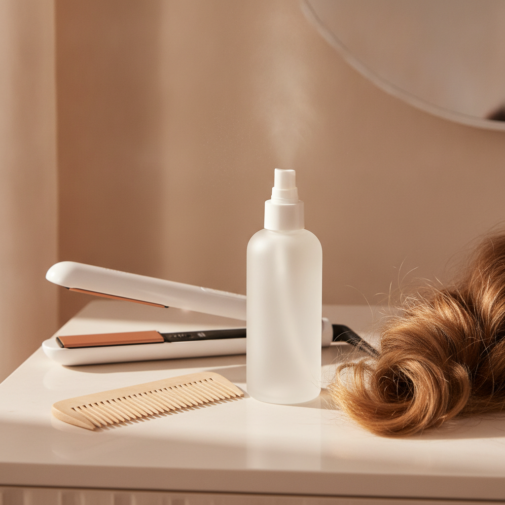 Heat protectant and styling tools beside textured hair Heat protectant and styling tools beside textured hair
