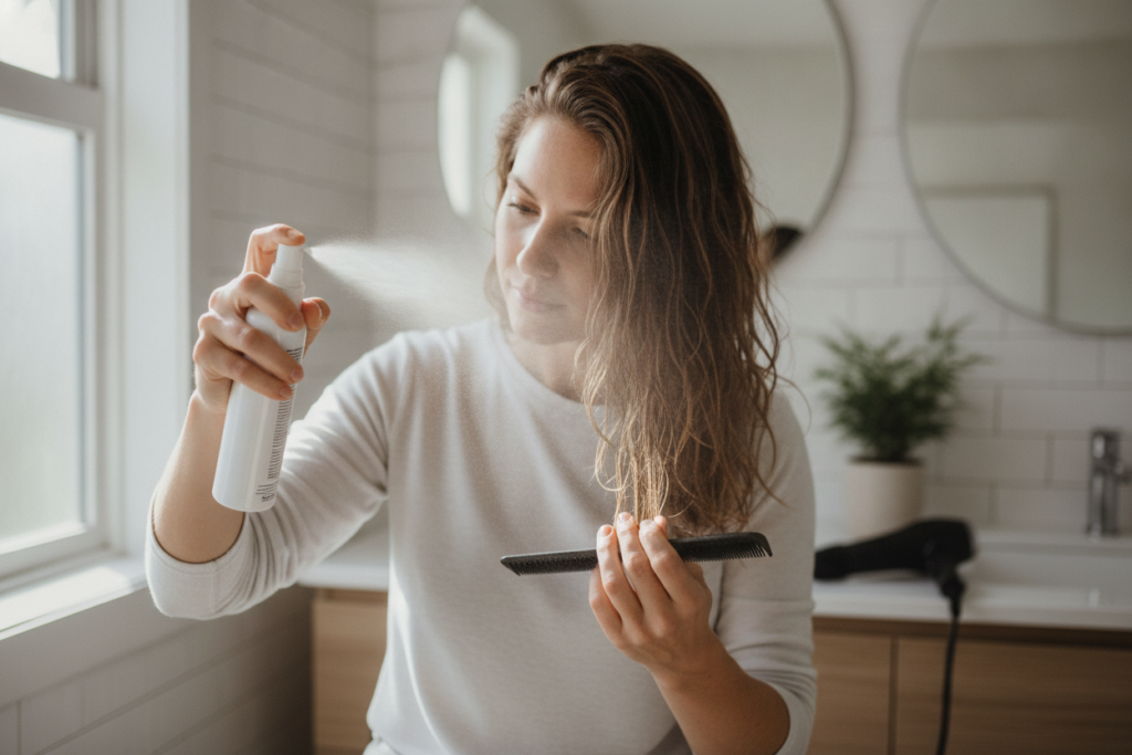 Heat protectant spray used before blow drying hair