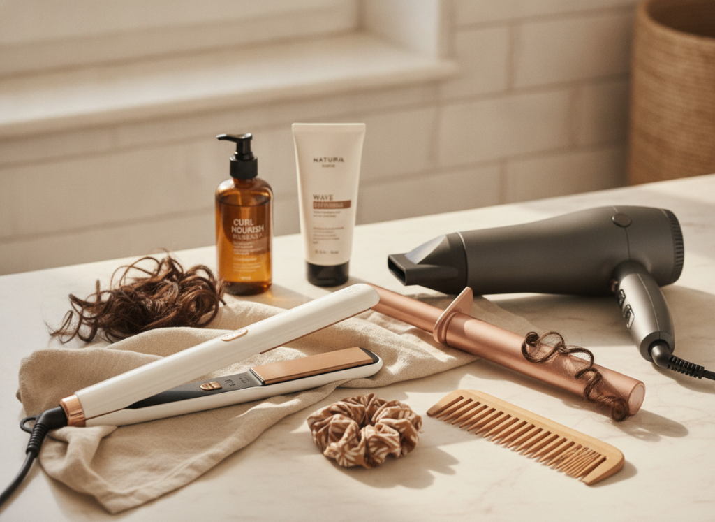 Heat styling tools beside naturally curly hair