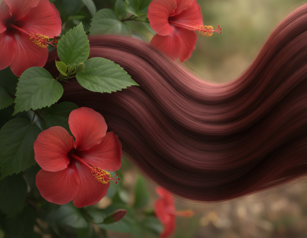 Hibiscus flowers leaves and smooth hair texture