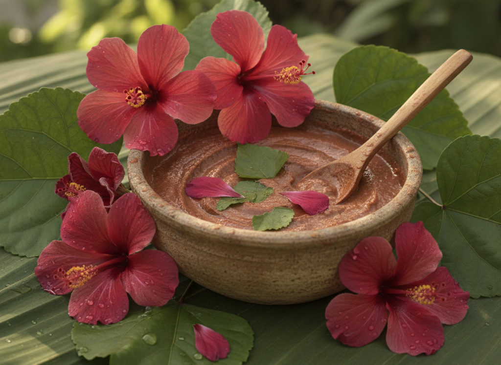 Hibiscus flowers leaves prepared for hair care