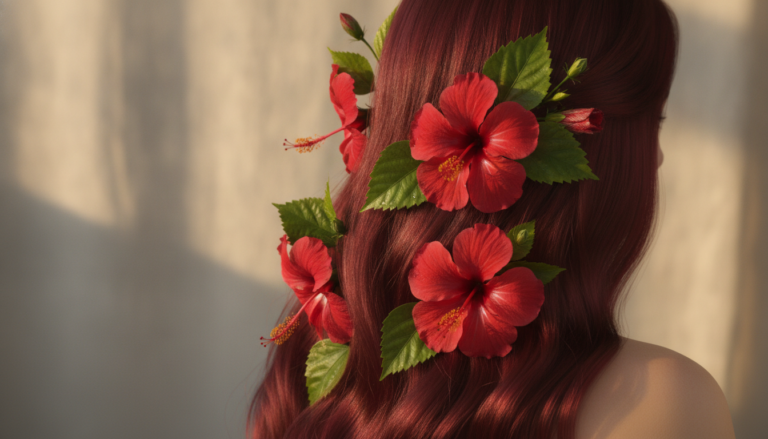 Hibiscus for Hair Growth with red flowers leaves and healthy-looking hair
