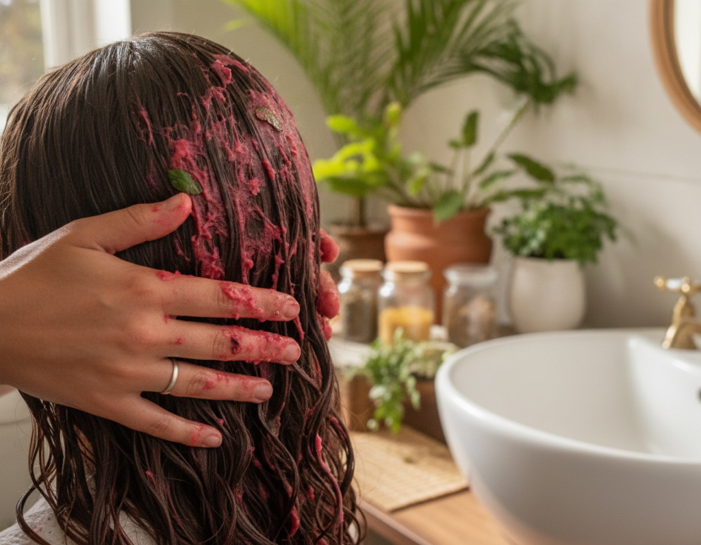 Hibiscus hair mask applied to long hair