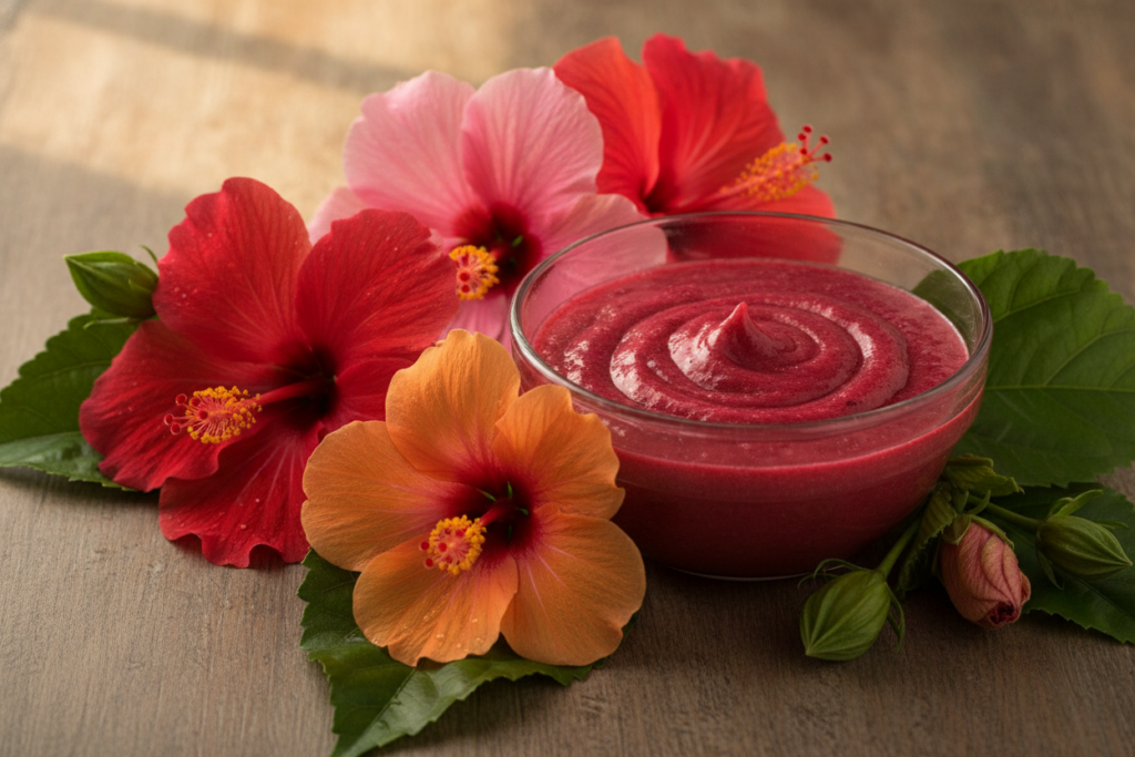 Hibiscus hair mask in a glass bowl