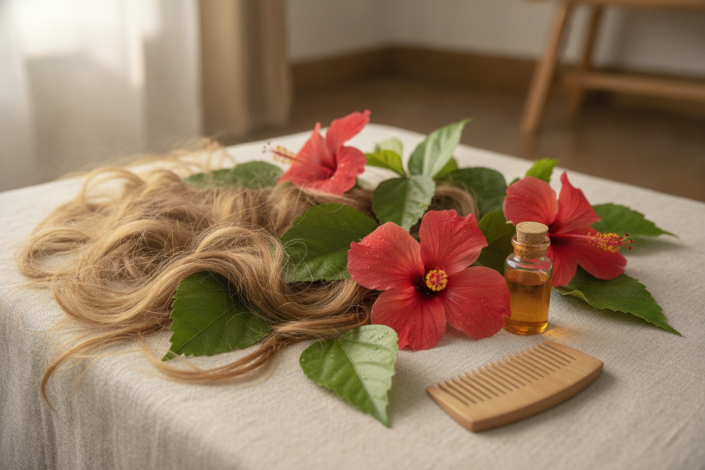 Hibiscus leaves and flowers near loose hair strands