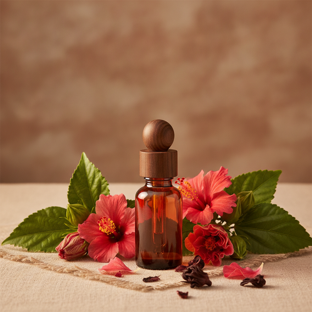 Hibiscus oil in a small bottle beside flowers leaves