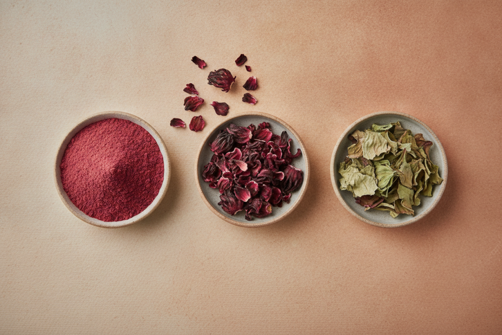 Hibiscus powder and dried flowers for hair mask