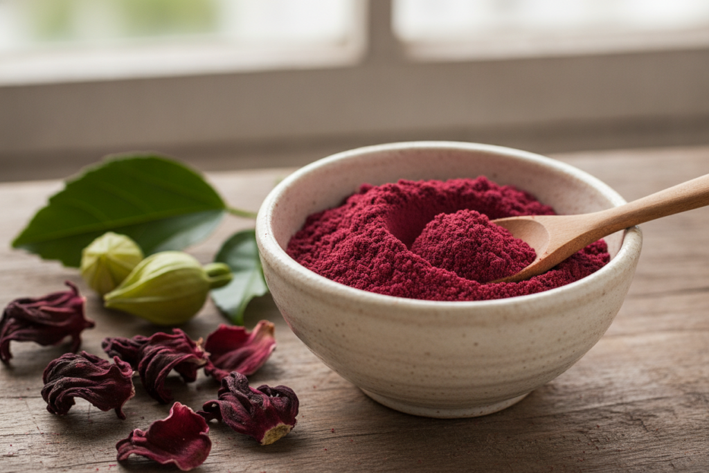 Hibiscus powder measured for a hair treatment