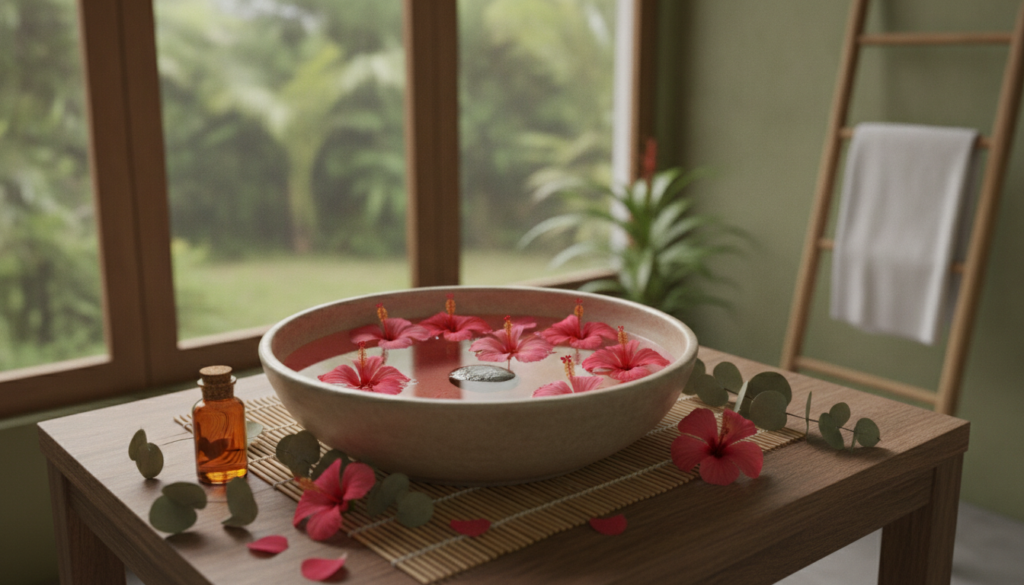 Hibiscus rinse with flowers leaves and lukewarm water