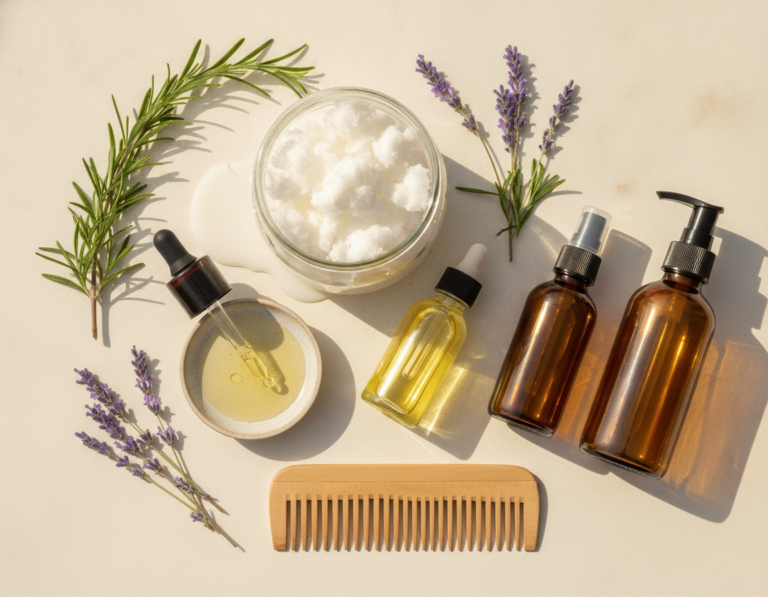 Home Made Hair Oil for Hair Growth ingredients in glass bowls