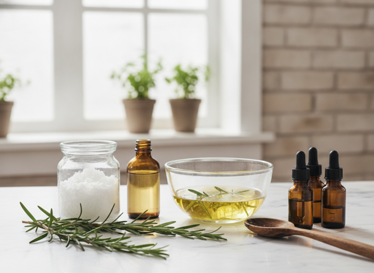 Homemade Hair Growth Oil ingredients beside a glass bowl
