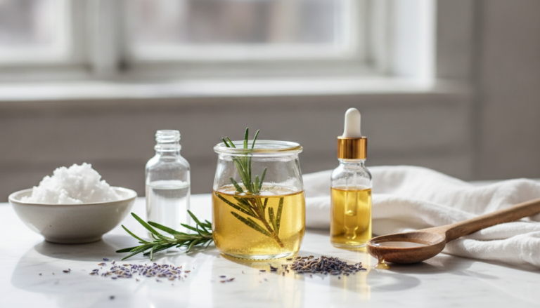 Homemade Hair Growth Oil ingredients beside a glass jar