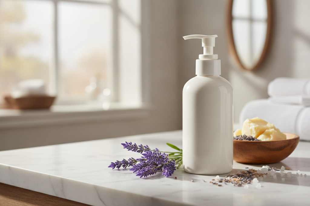 Homemade body lotion in pump bottle with natural ingredients