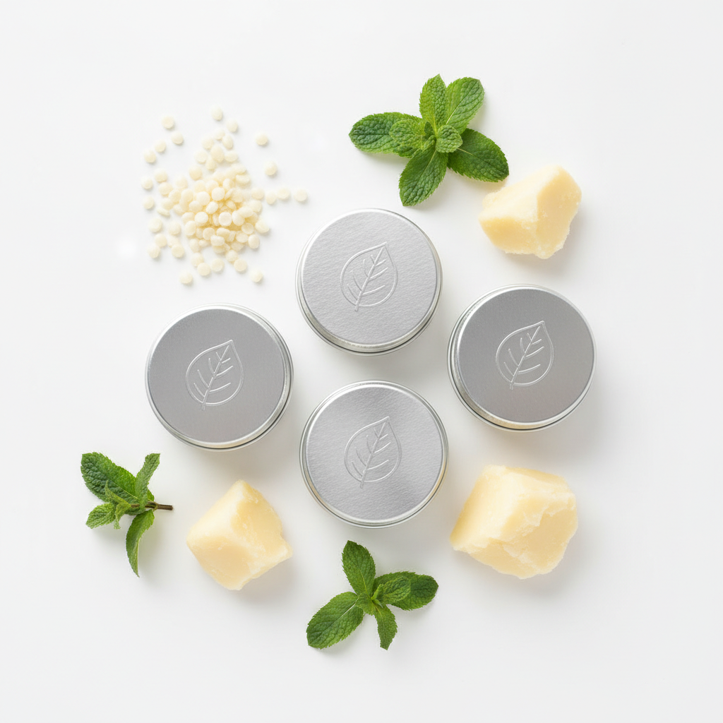 Homemade lip balm in small tins with natural ingredients