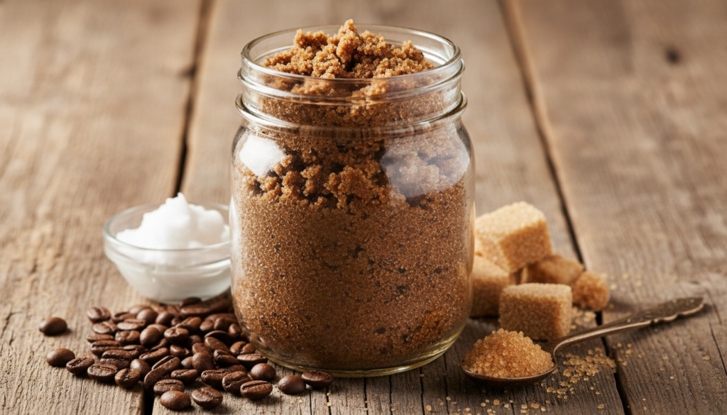 Homemade natural face scrub in glass jar with ingredients