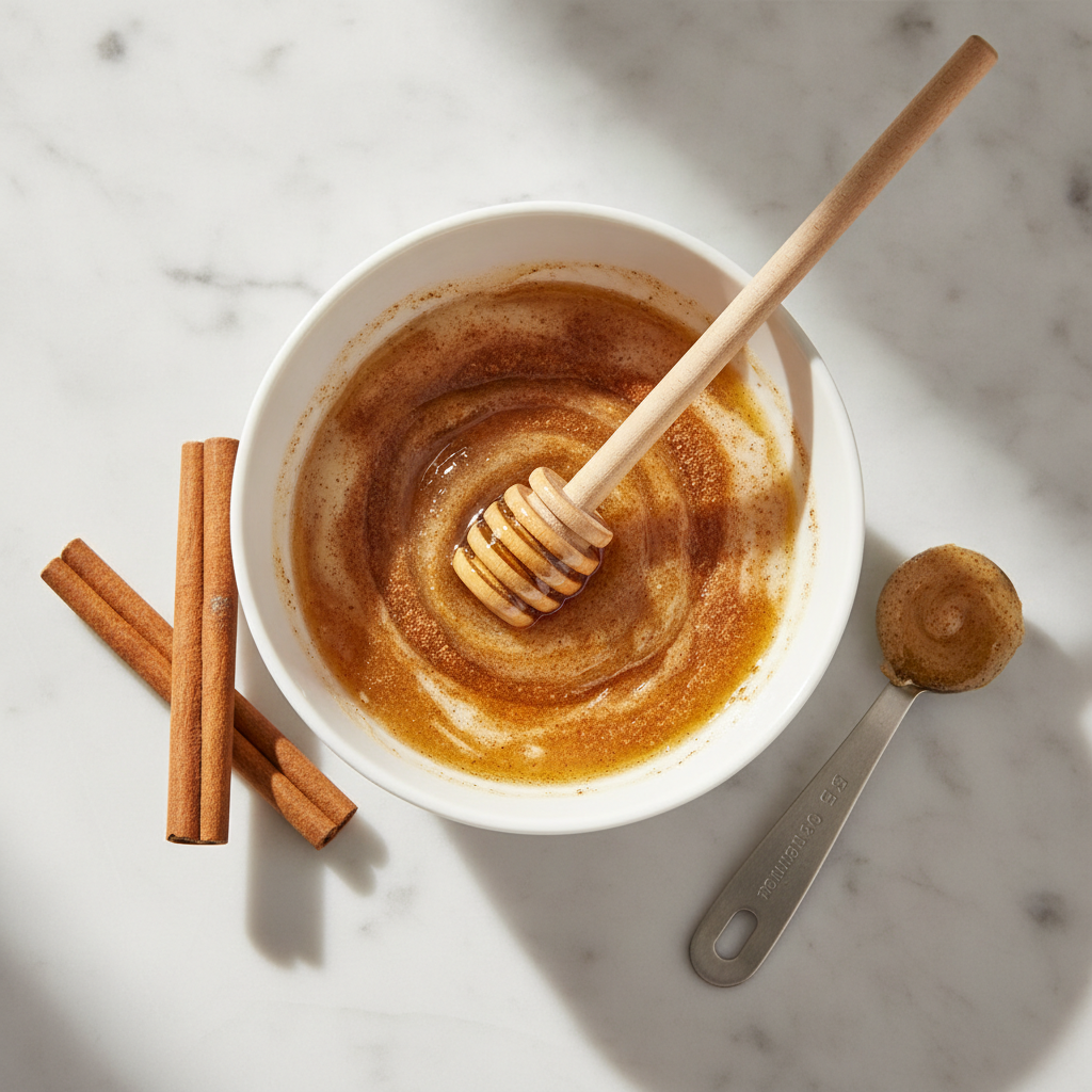 Honey and cinnamon face mask in bowl with ingredients nearby Honey and cinnamon face mask in bowl with ingredients nearby