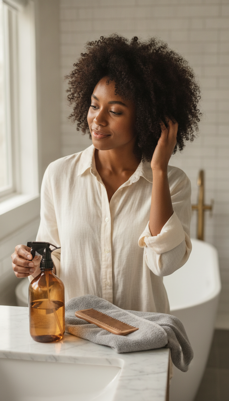 How to Grow Natural Hair routine with a woman caring for textured hair