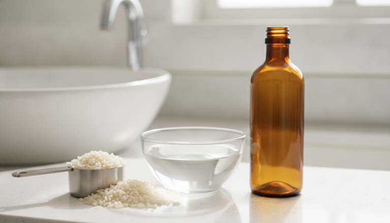 How to Make Rice Water for Hair Growth with rice and water on a clean counter
