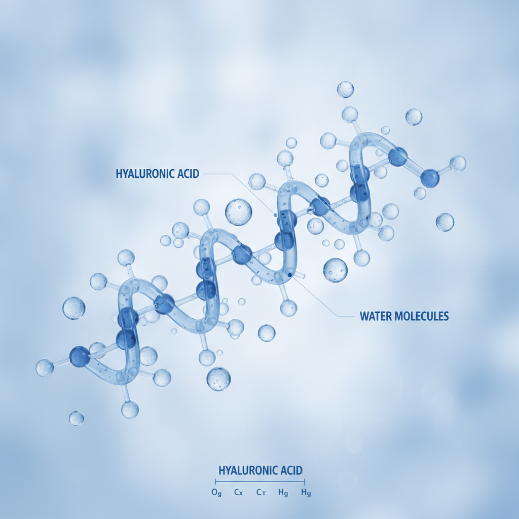 Hyaluronic acid molecule illustration with water drops