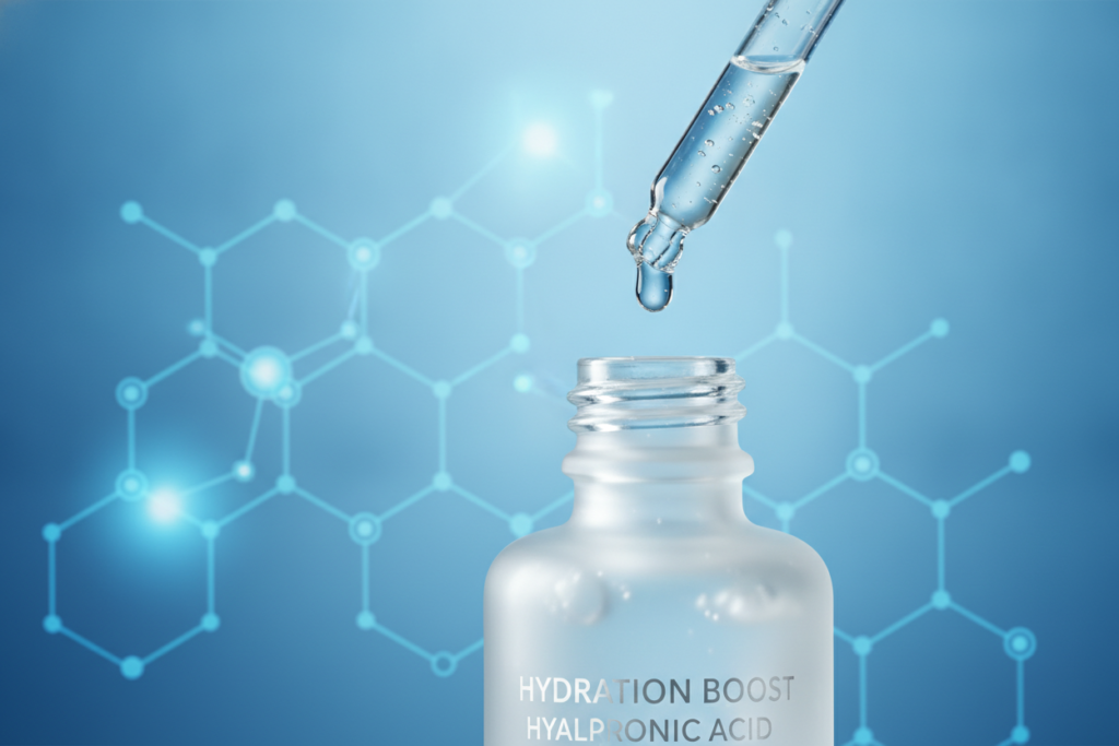 Hyaluronic acid serum drops for skin hydration and glowing appearance