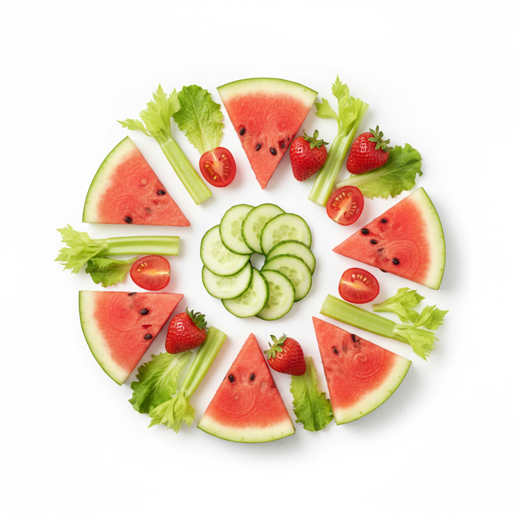 Hydrating foods for clear skin including cucumber, watermelon, and berries