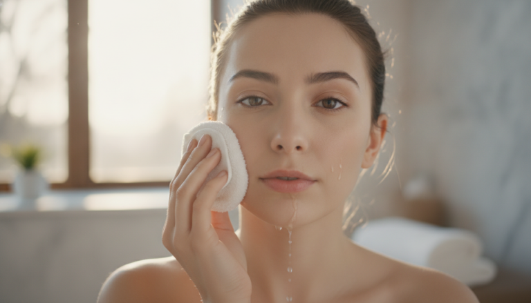 Ice Cubes for Face Skin Care application on woman's face showing morning skincare routine