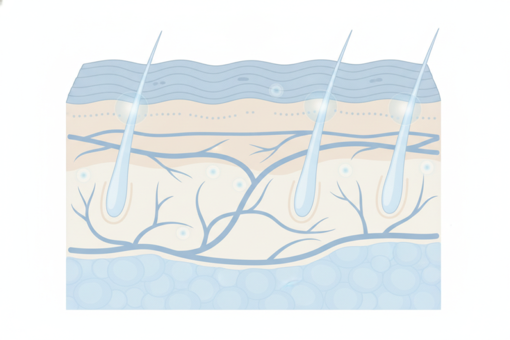 Illustration of scalp skin layers during gentle microneedling