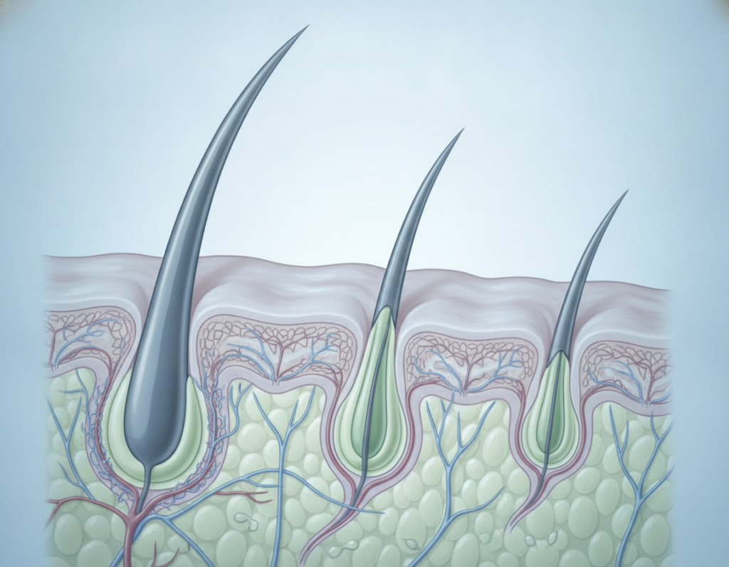 Illustration of the hair growth cycle and follicles