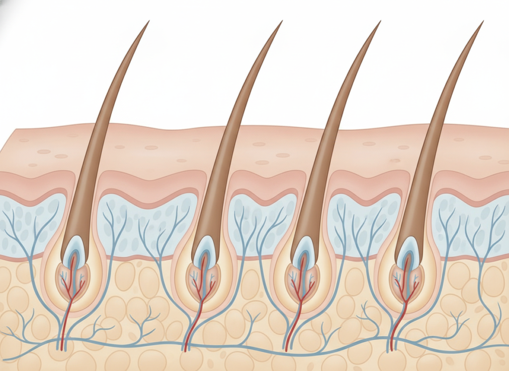 Illustration-style view of hair follicles in the active growth phase