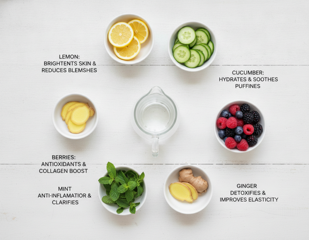 Individual detox water ingredients displayed with their skin benefits