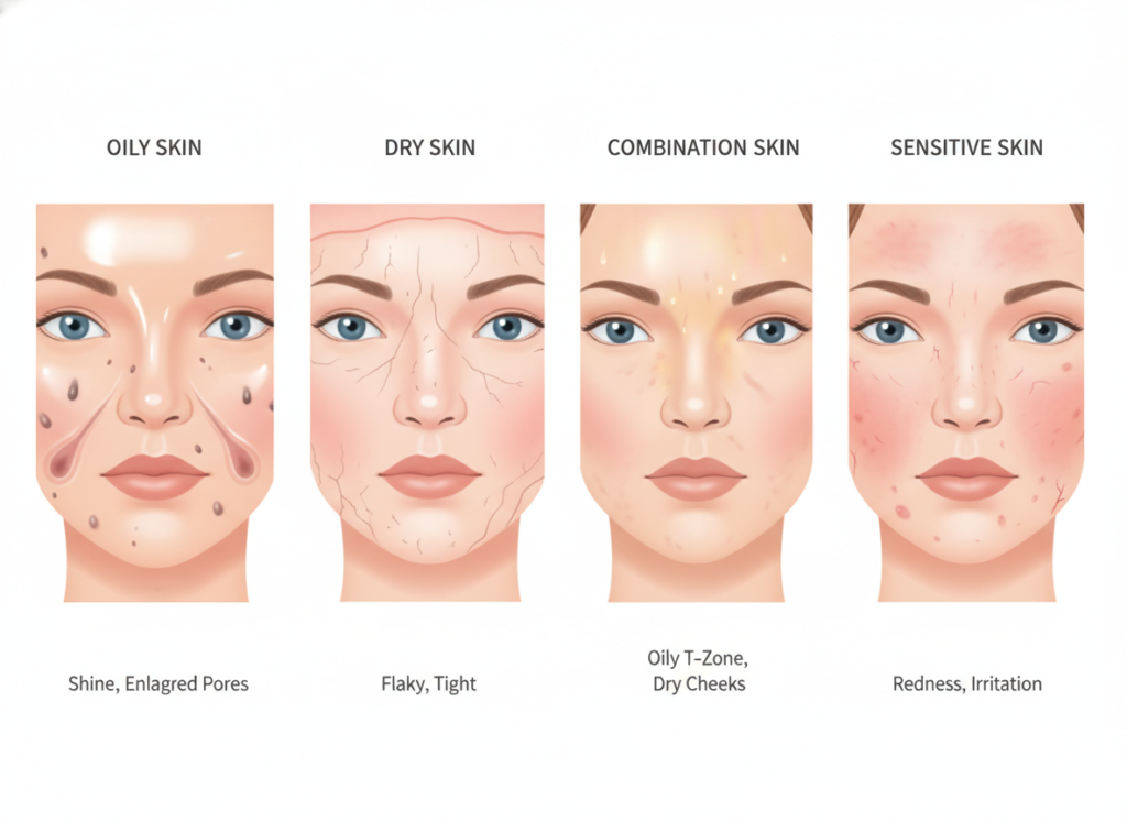 Infographic showing different skin types with close-up sections of various skin textures