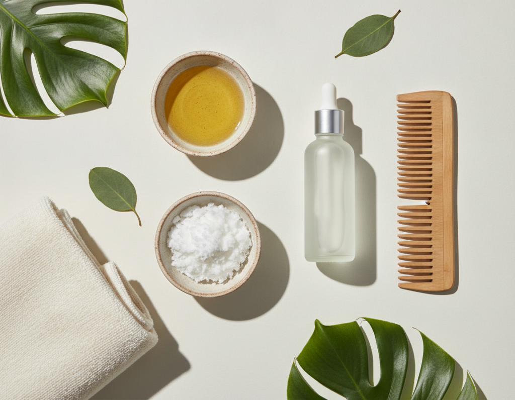 Jojoba oil, coconut oil, and a light serum arranged for hair care Jojoba oil, coconut oil, and a light serum arranged for hair care