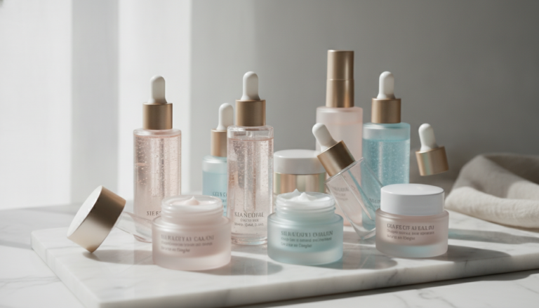 Korean Glass Skin Products displayed on marble surface with dewy skin close-up