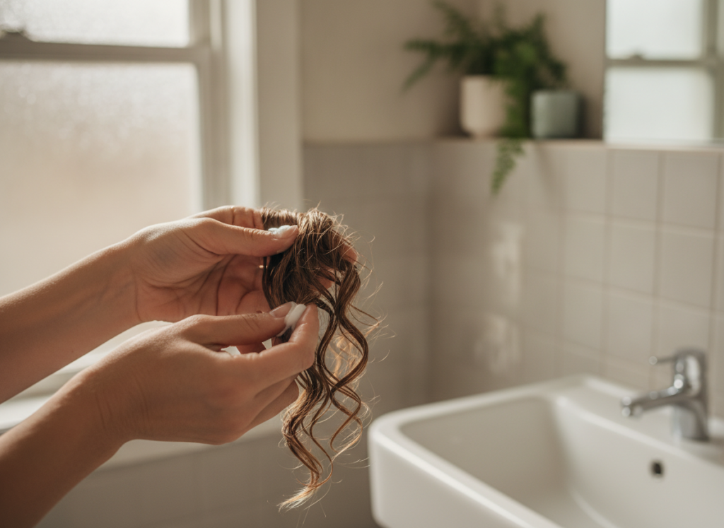 Leave-in conditioner used on damp wavy hair