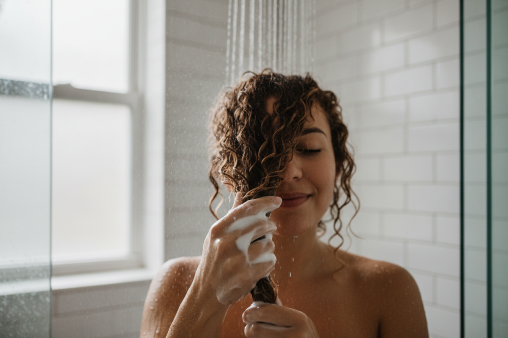 Lightweight conditioner applied to curly hair