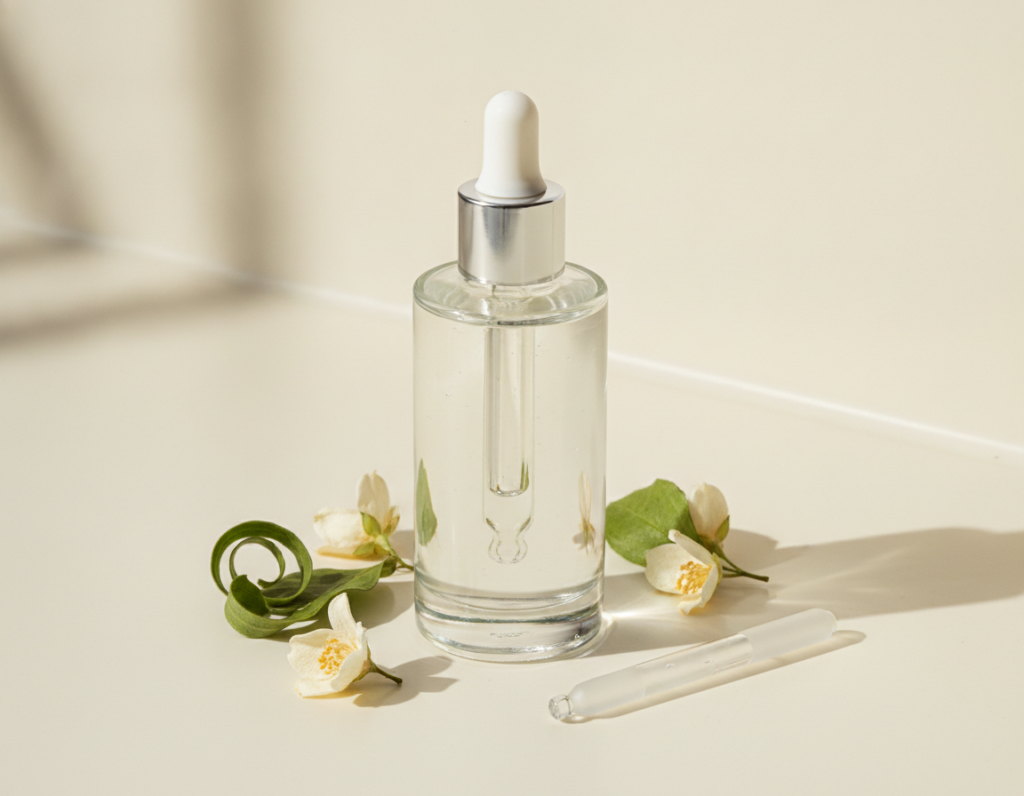 Lightweight hair serum bottle with a dropper on a clean vanity Lightweight hair serum bottle with a dropper on a clean vanity