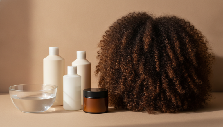 Low Porosity Hair Products beside defined curls and a water bowl
