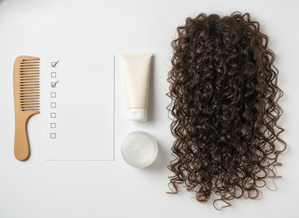 Low porosity hair care checklist with products and healthy curls