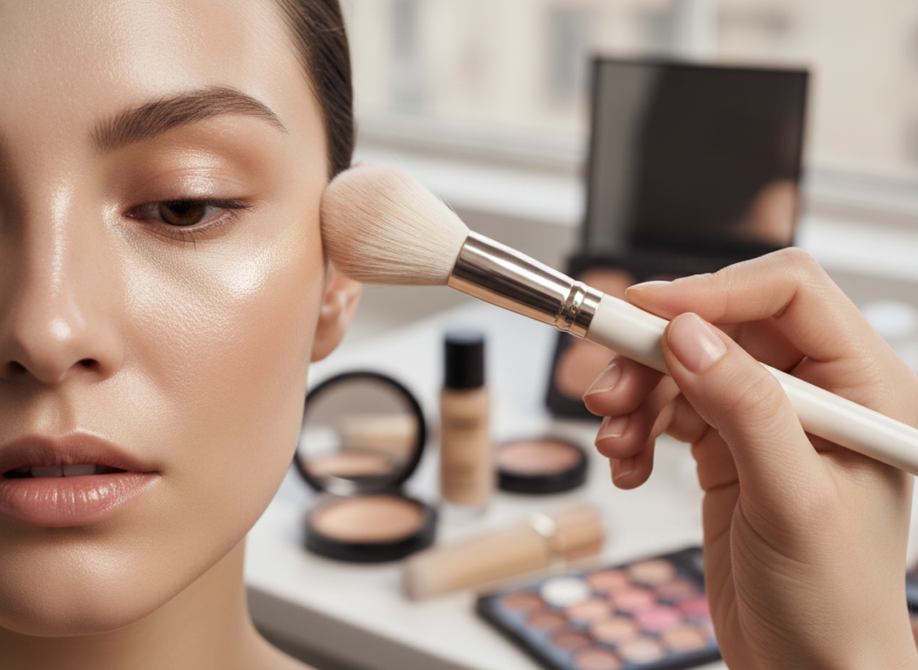 Makeup application on glass skin base