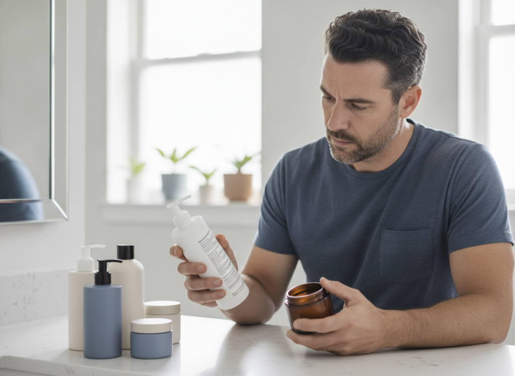 Man comparing hair-care product labels at a bathroom counter