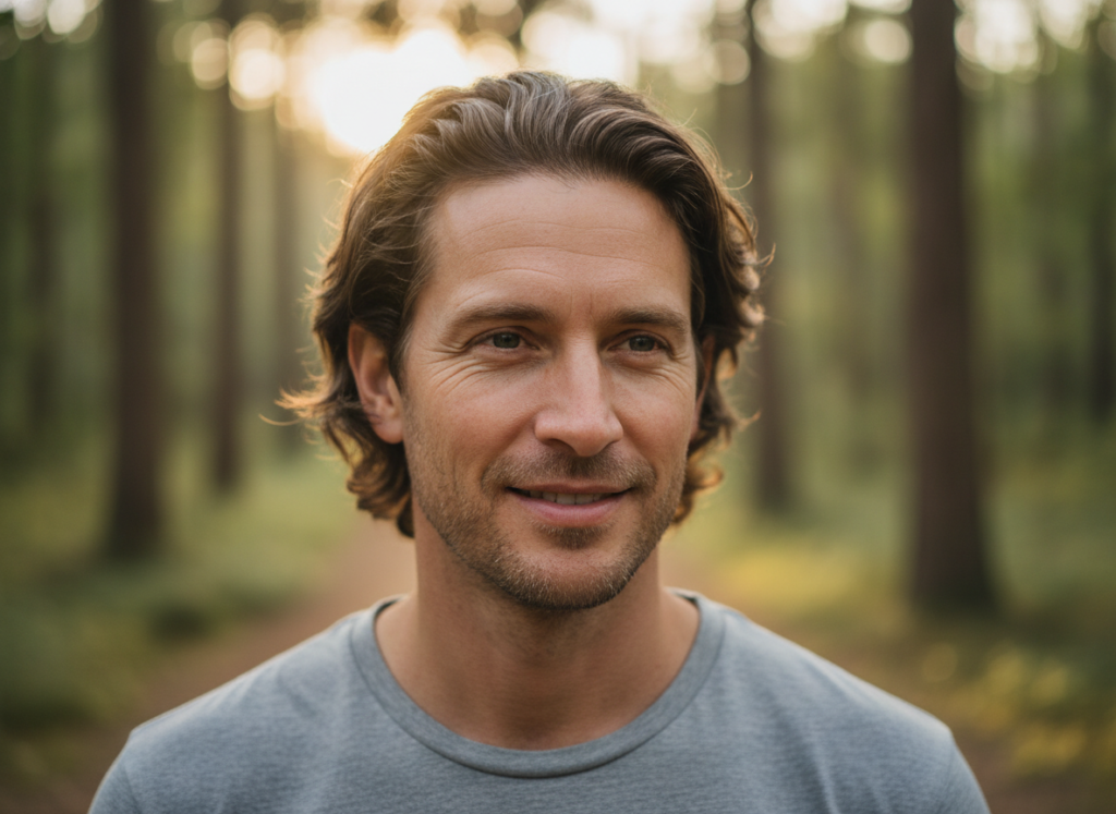 Man confidently wearing a simple healthy hair style outdoors