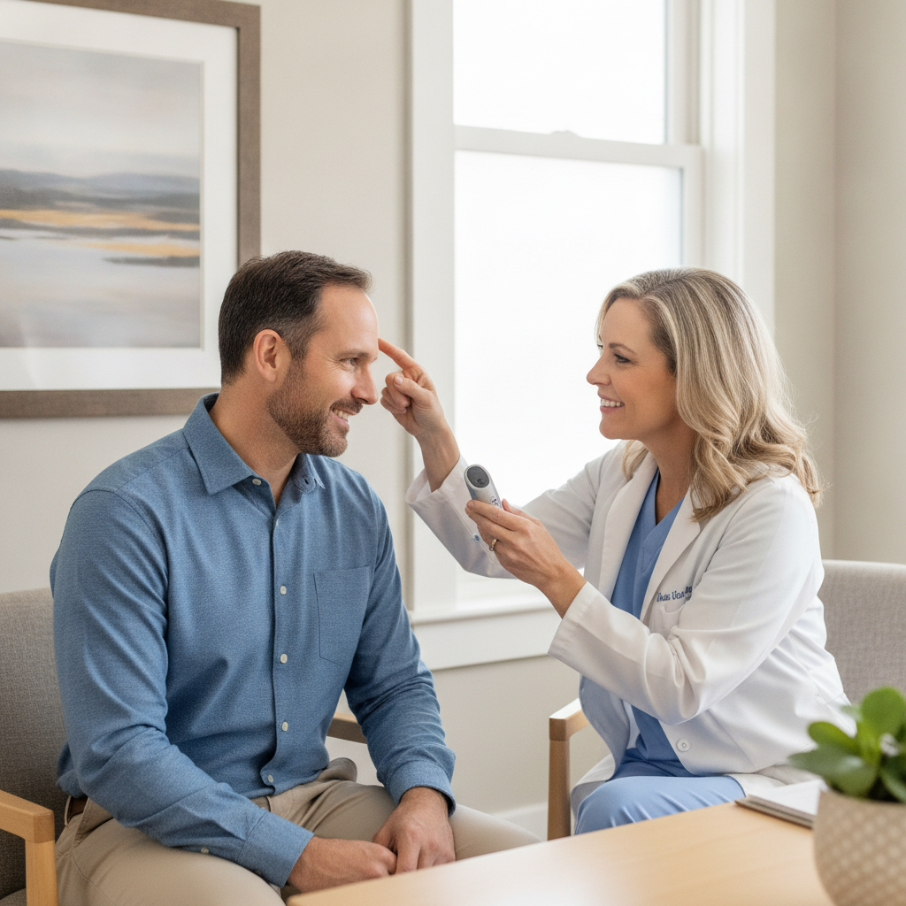 Man discussing hair loss concerns with a healthcare professional