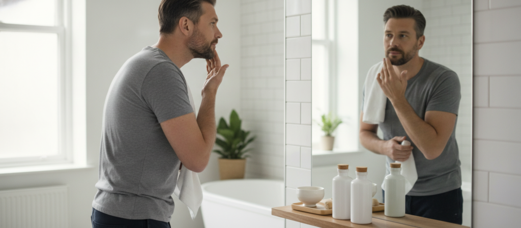 Man following a consistent grooming routine at home