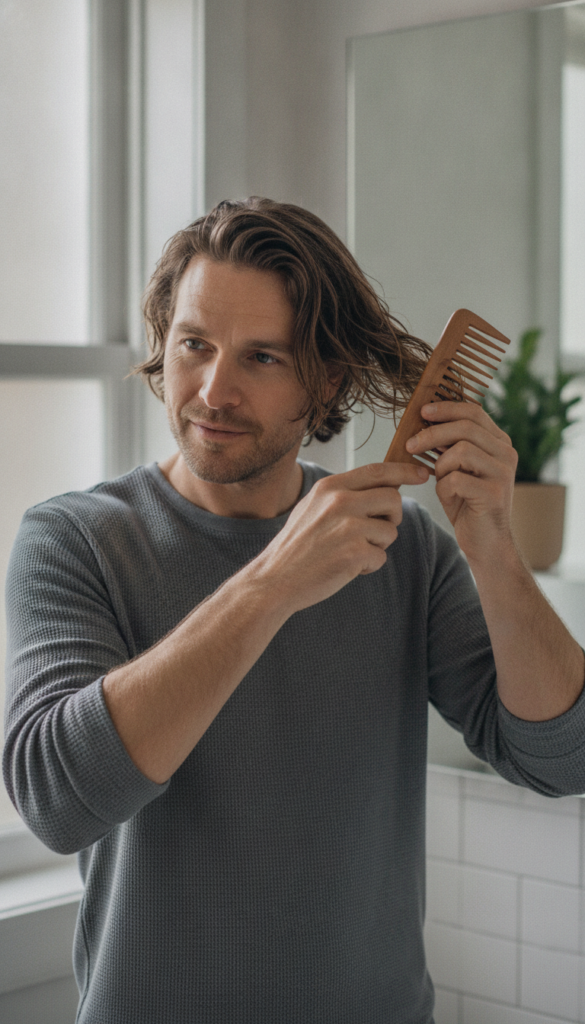 Man gently detangling hair with a wide-tooth comb