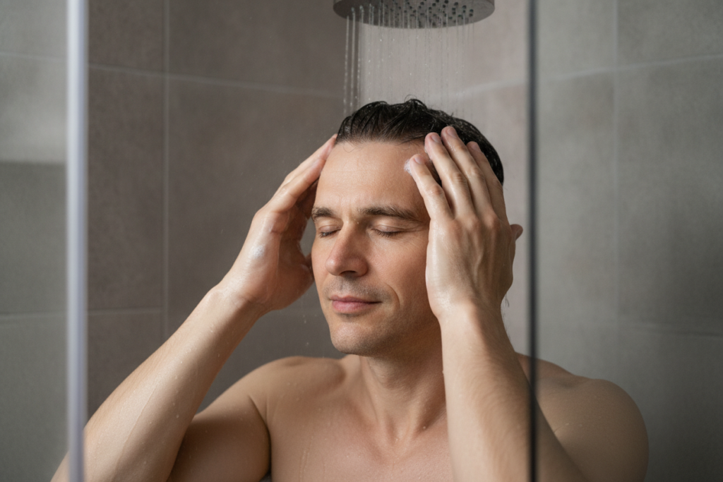 Man gently washing his scalp with shampoo in a shower