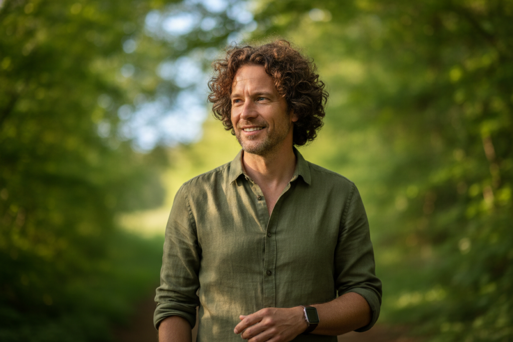 Man outdoors with healthy-looking hair in soft natural light