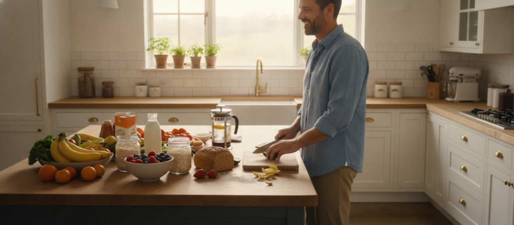 Man preparing a nutritious breakfast in a bright kitchen