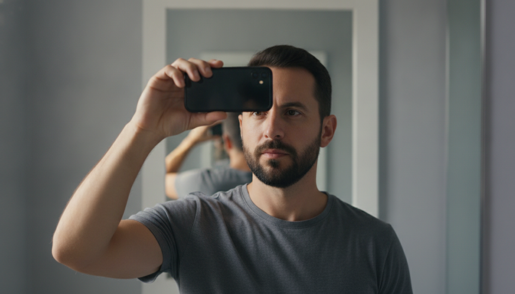 Man recording hairline changes with a phone in consistent lighting