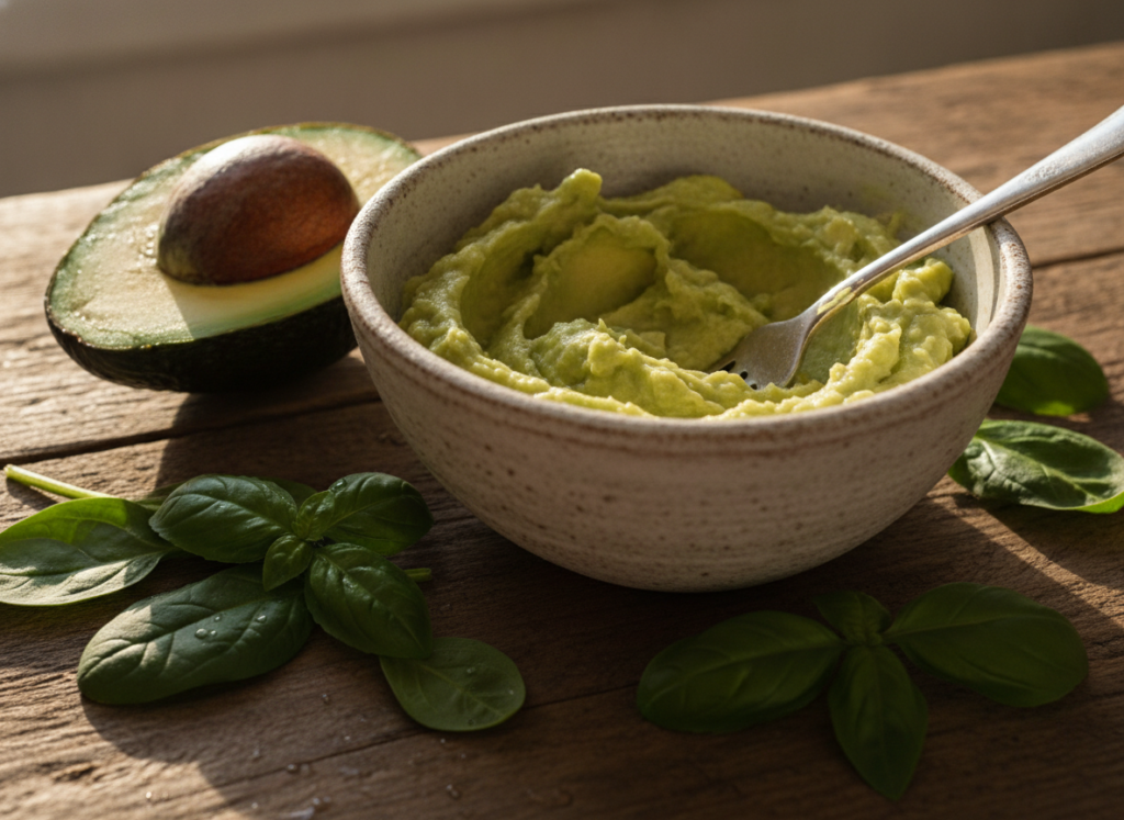 Mashed avocado face mask in bowl